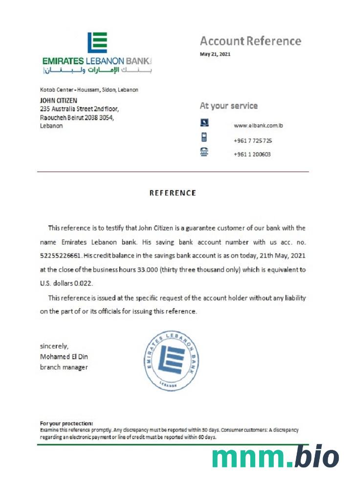 Przykład odniesienia Lebanon Emirates Lebanon bank w formatach Word i PDF